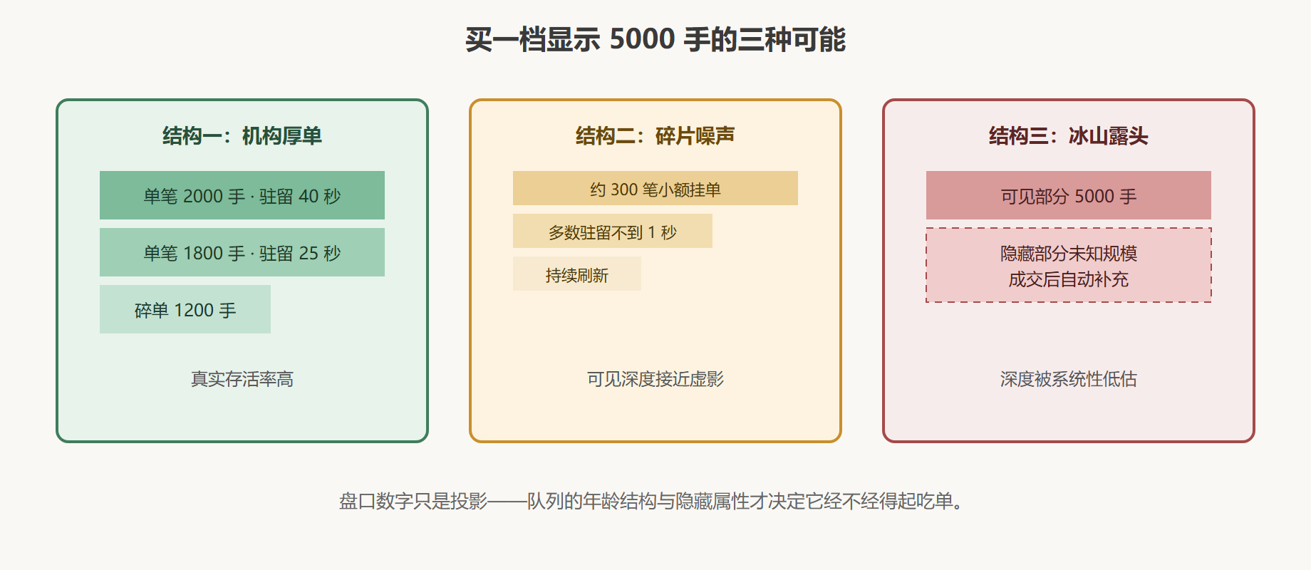 图：同一档位三种队列结构的真实流动性对比