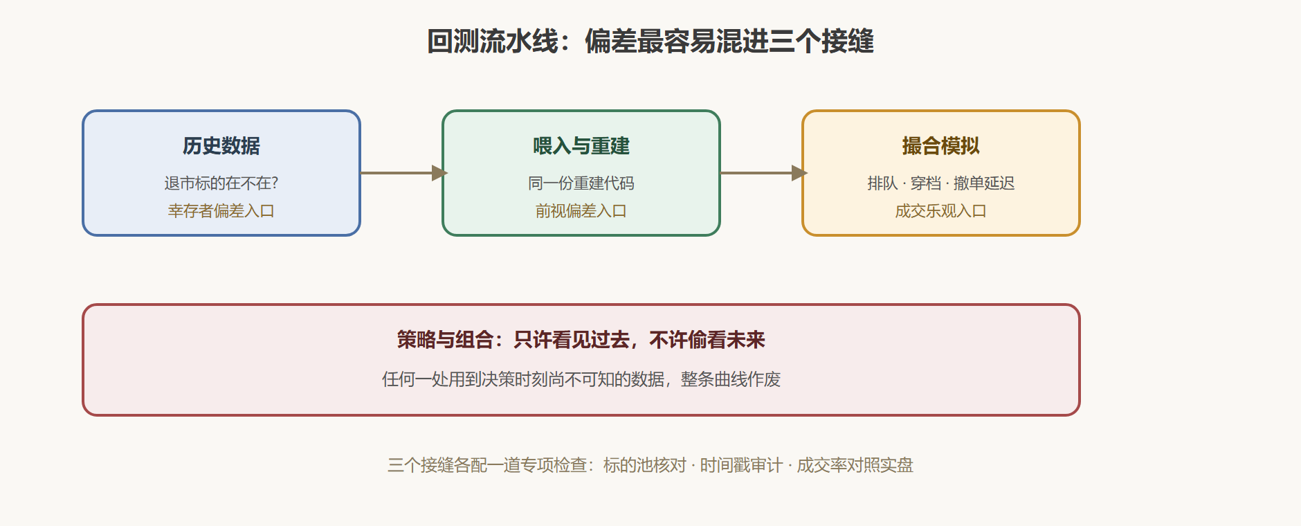 图:回测流水线与偏差注入点
