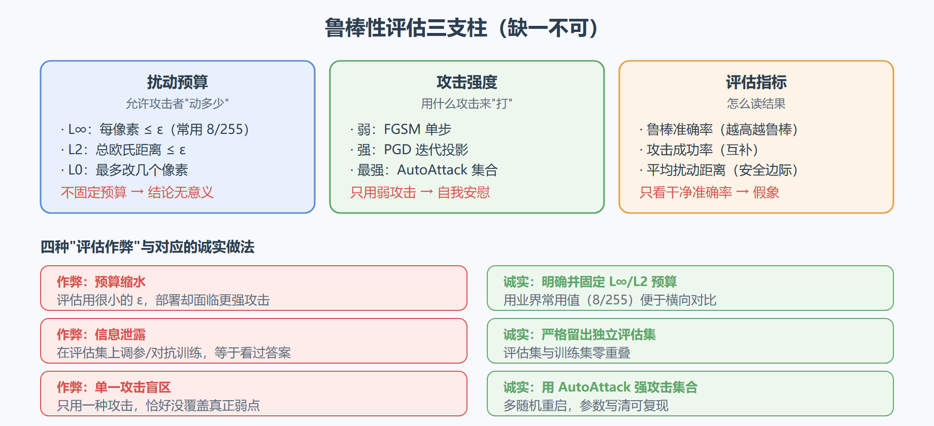 图 5-1:鲁棒性评估三支柱与"评估作弊"对照