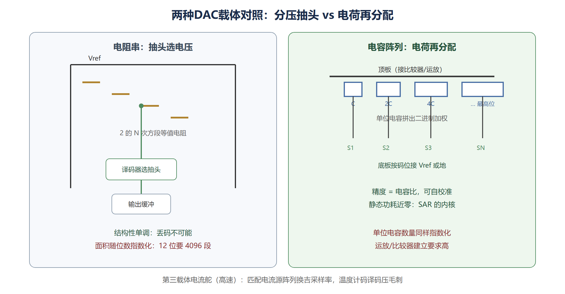 图:电阻串与电容阵列DAC结构对照