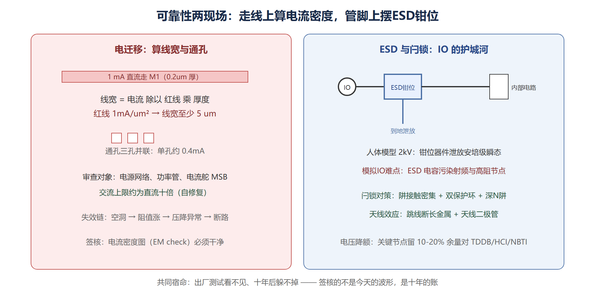 图:电迁移审查与ESD防护要点