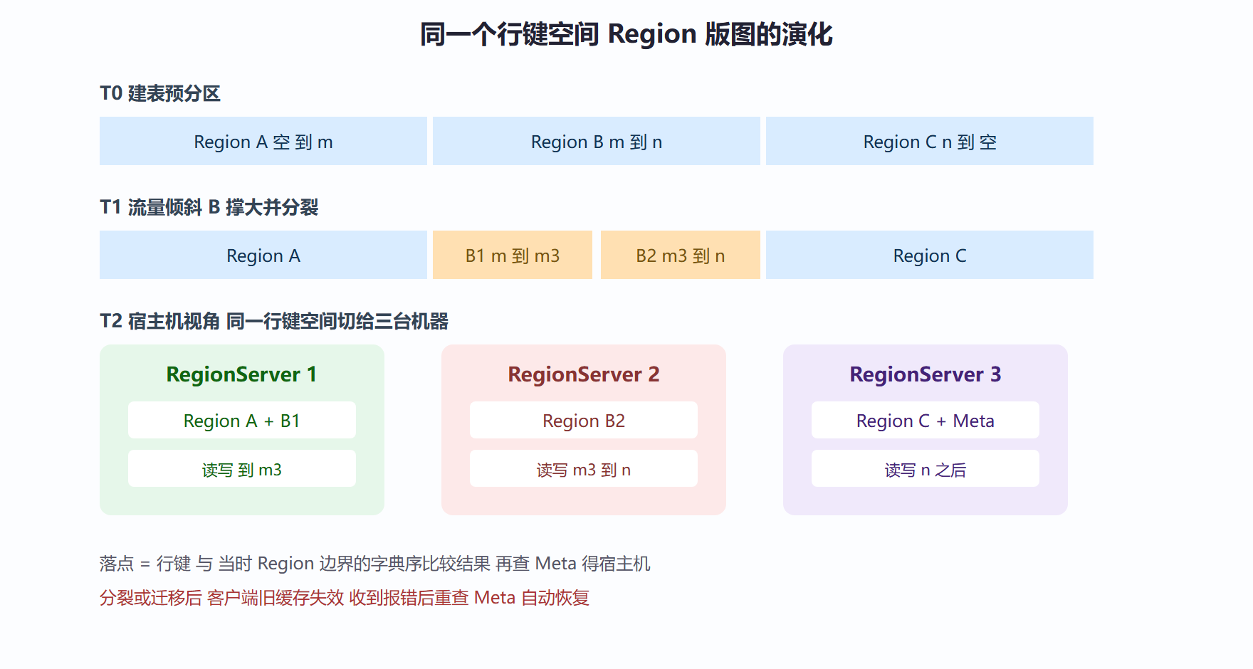 图 3-1 行键空间与 Region/宿主机映射的动态变化