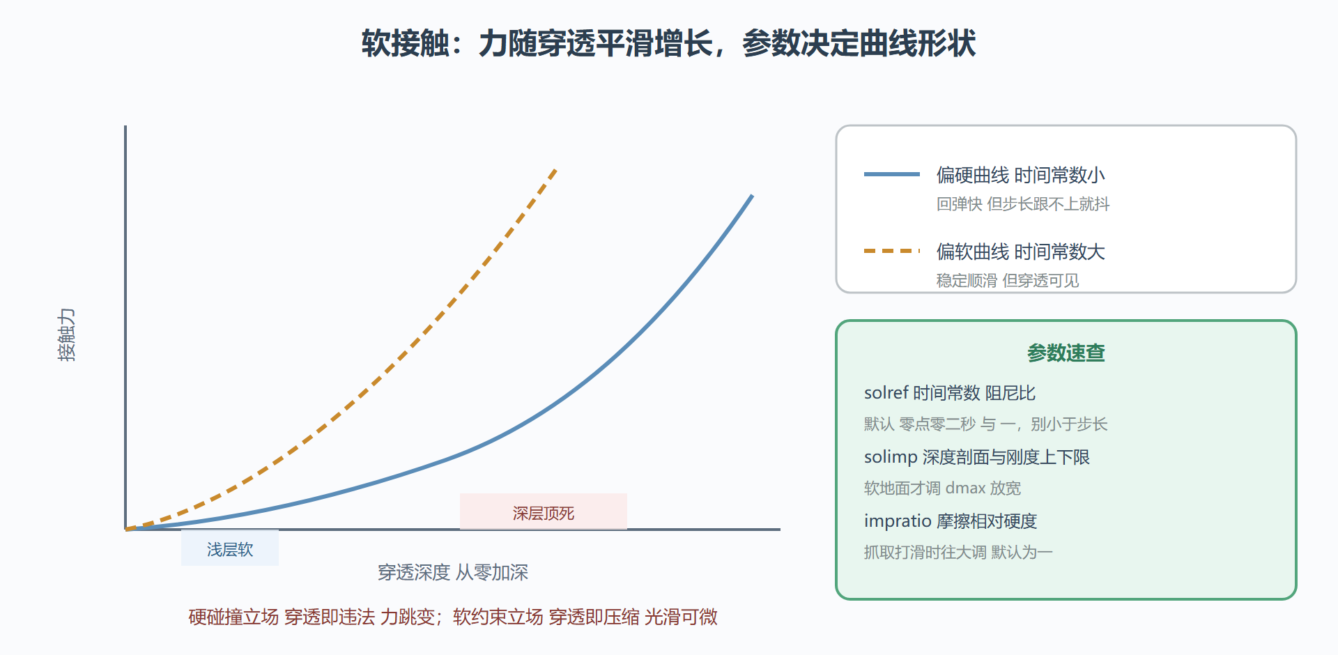 图 3-2 软接触模型:穿透、力与参数的对应关系