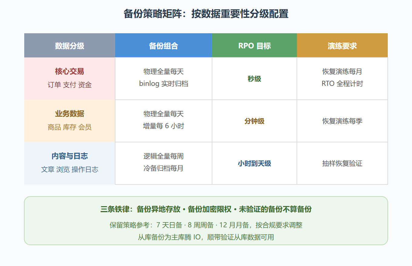 图 17 · 备份策略矩阵：频率 × 范围 × 验证