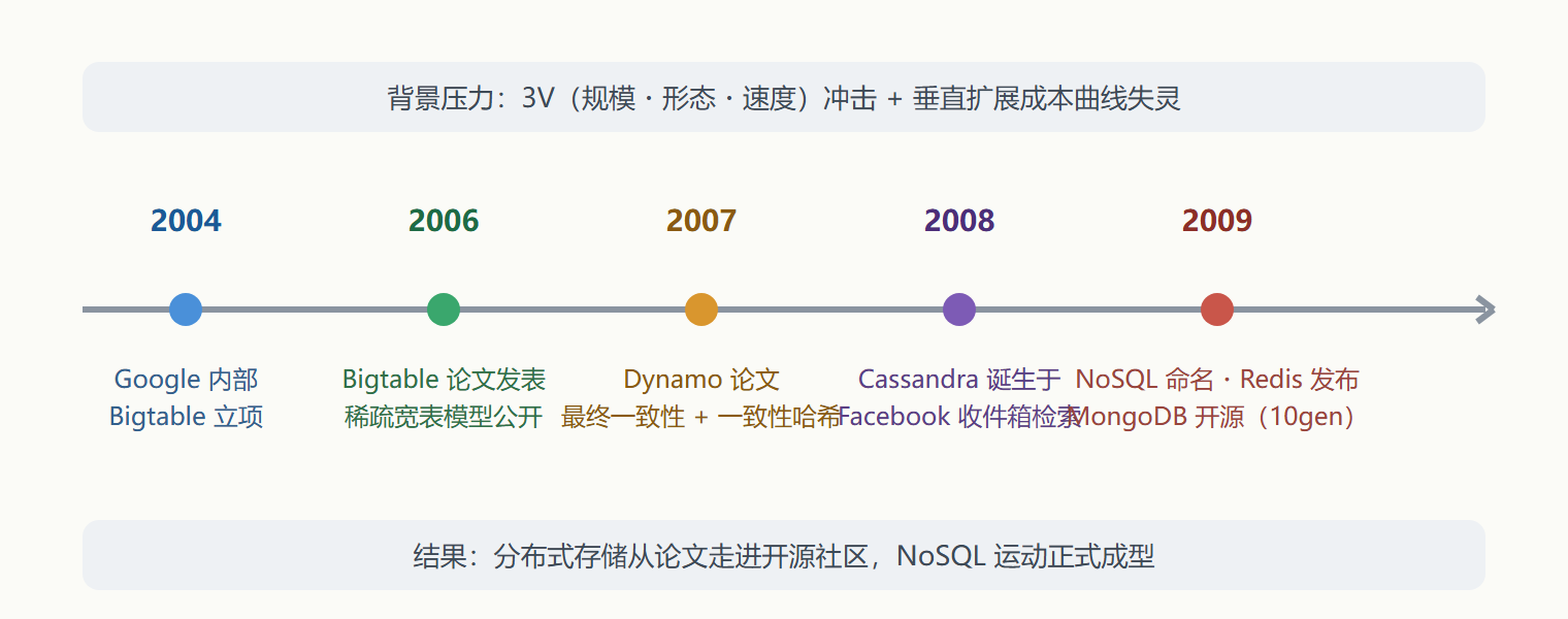 图:NoSQL 兴起时间线(2004–2010)