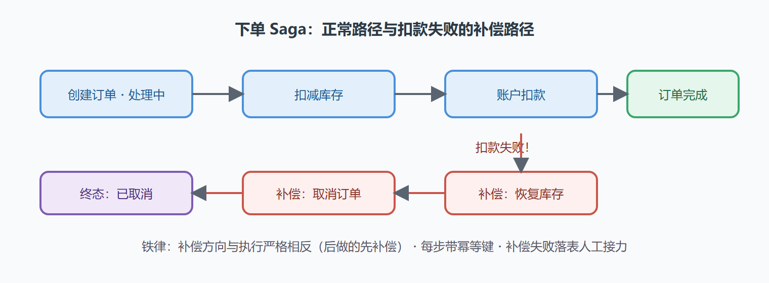 图:Saga 模式的正向执行与反向补偿