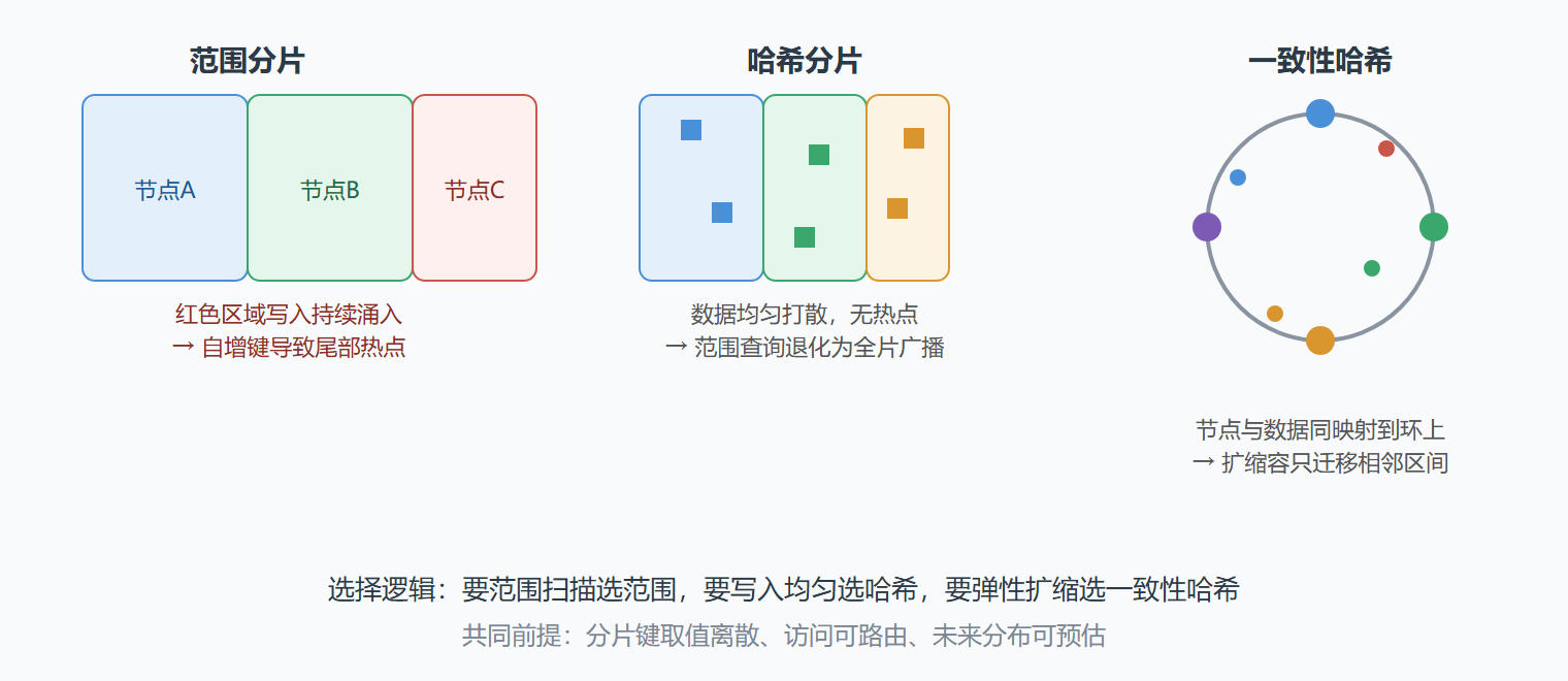 图：三种分片策略的数据分布示意