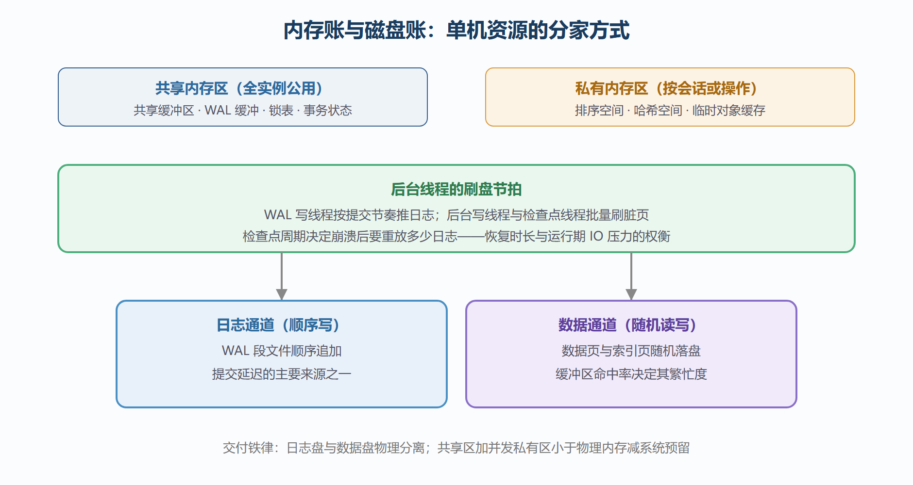 图：单机内存三层体系与磁盘 IO 双通道