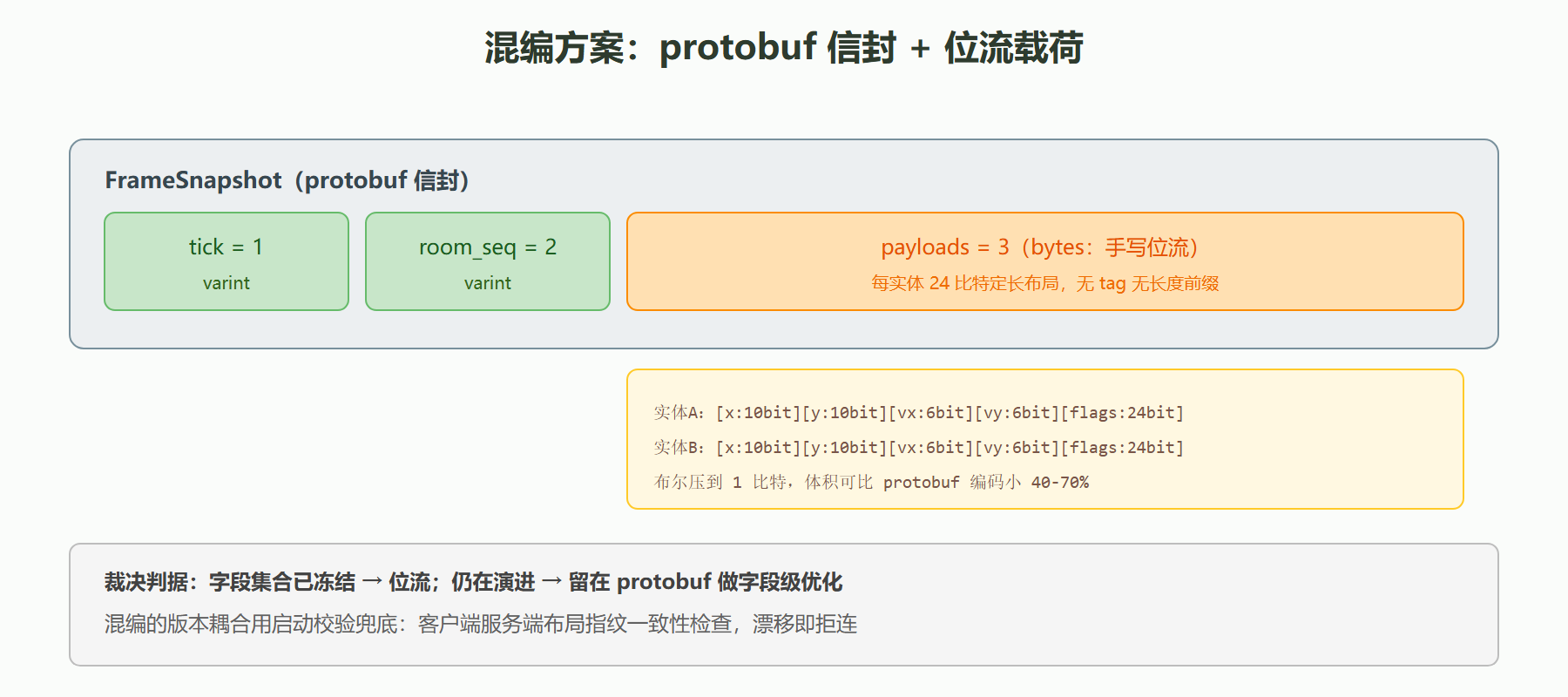 图 9-2 混编方案：protobuf 信封与位流载荷的分工