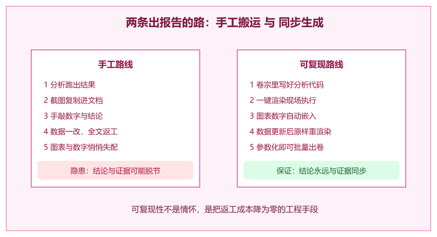 手工报告与可复现卷宗的对比