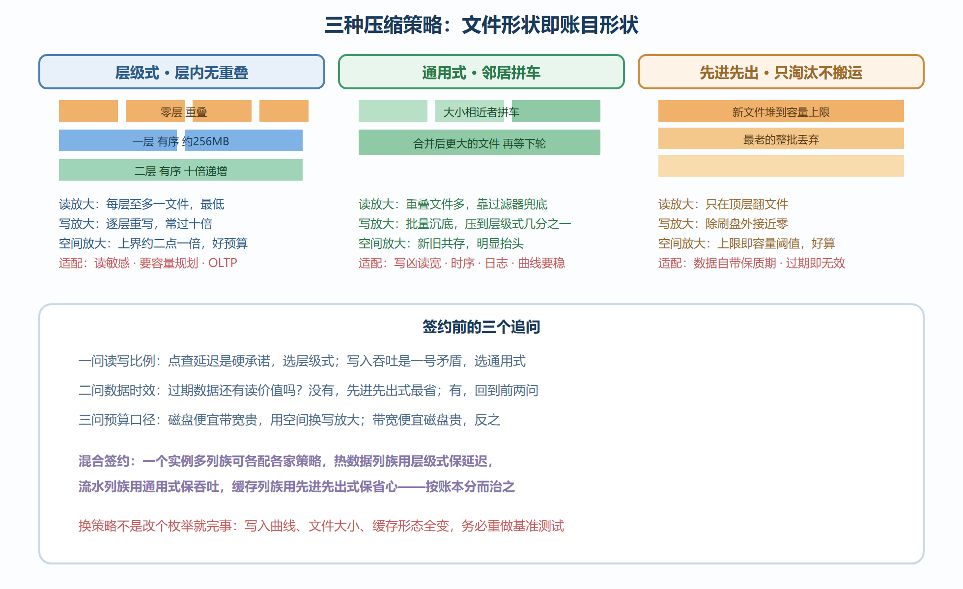 图5-2 三种策略的文件形状与账目对比