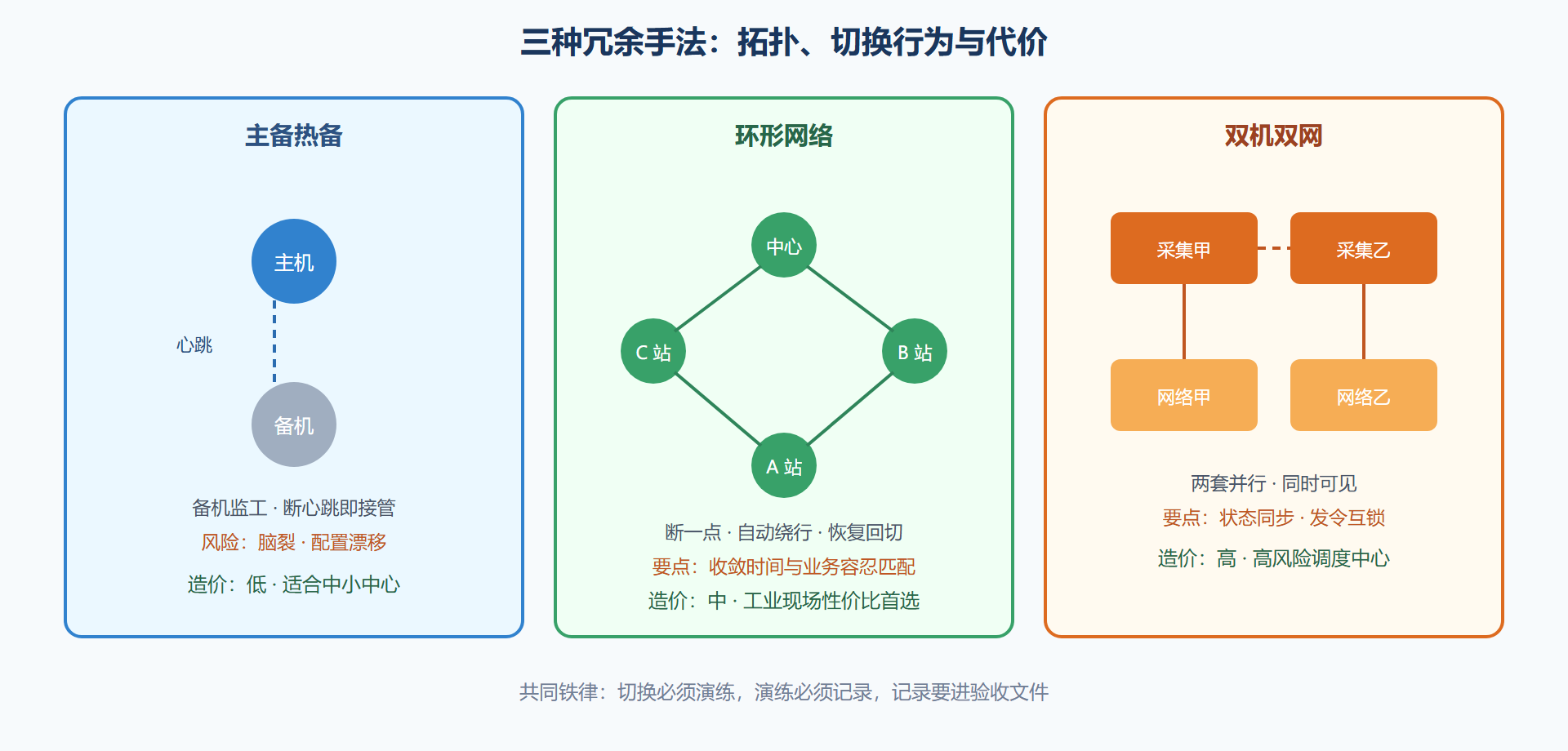 图 2-2 三种冗余拓扑与切换行为对比