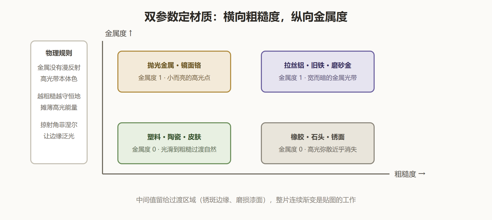图：金属度与粗糙度张成的材质空间