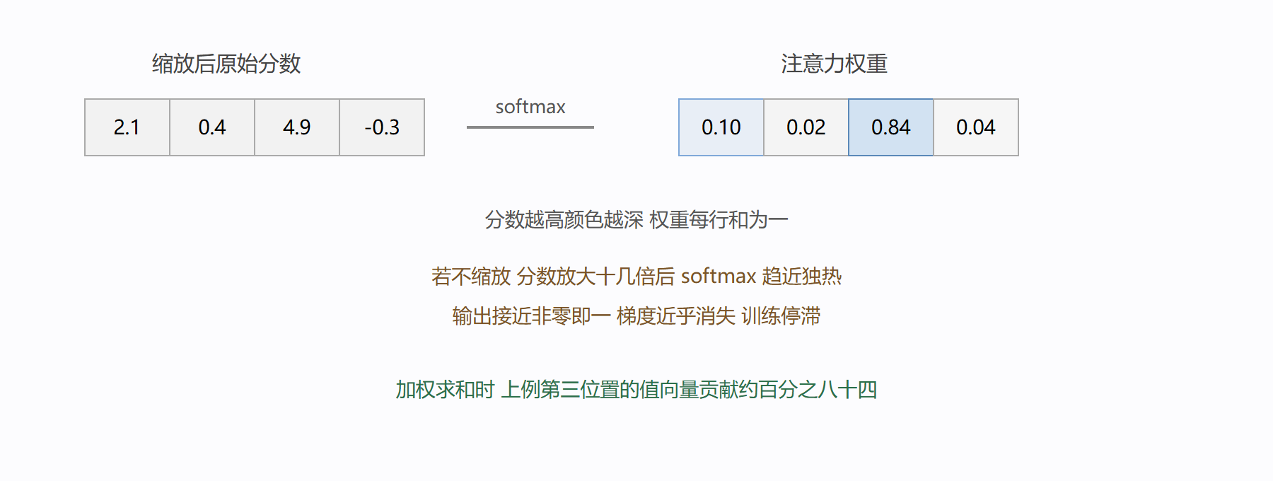 打分到权重：softmax 的塑形作用